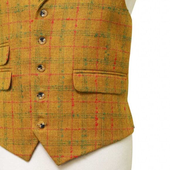 Mens Vest 44R Plaid Yellow Green Red Wool Lapel Waistcoat Formal Wedding Party - Picture 6 of 9